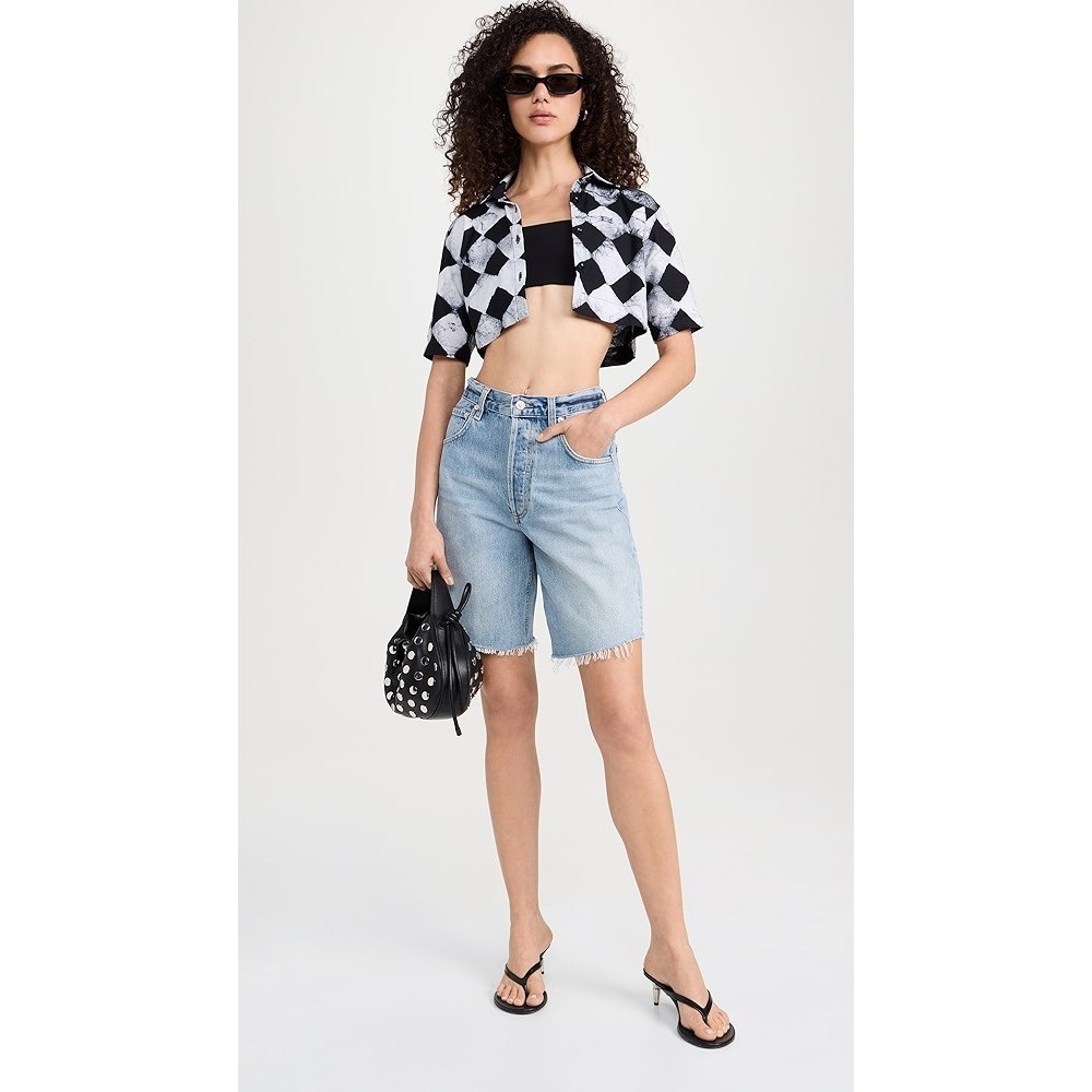 Studio 189 Cotton Cropped Camp‎ Checkered Button Up Shirt In Black White Size S